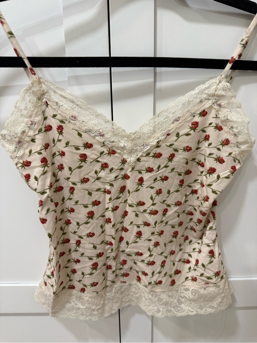 Reformation Cream Floral Lace Cami with Red Rose Print